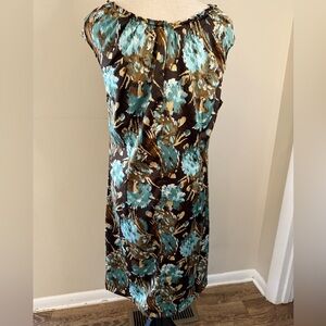 To The Max abstract floral midi dress brown teal tan cream cap sleeve scoop neck